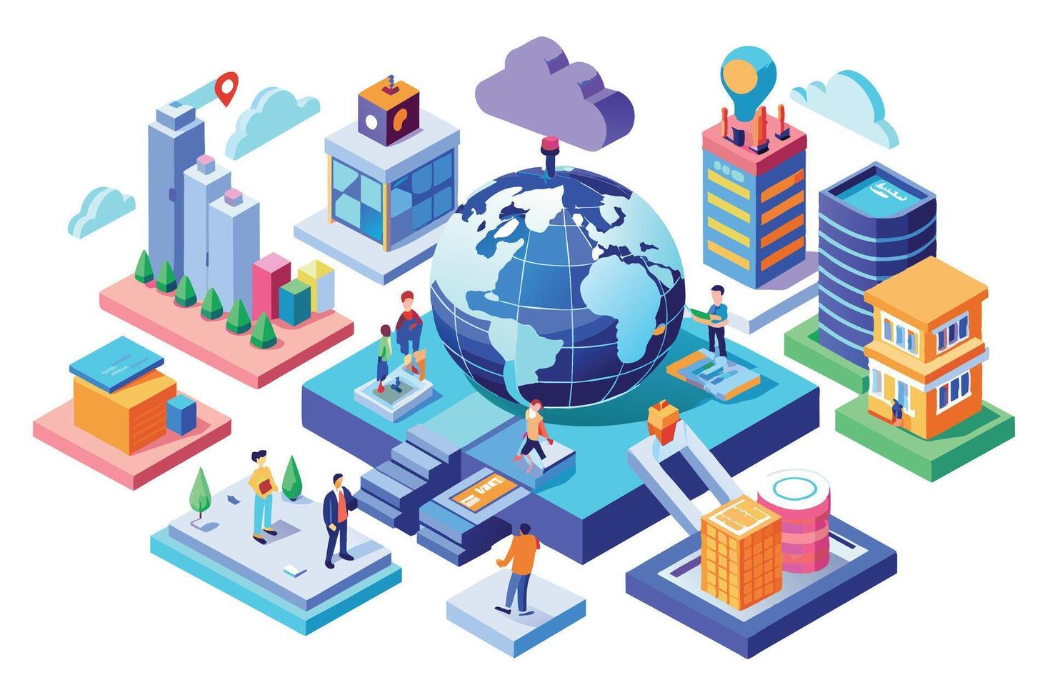 a-colorful-illustration-depicting-a-3d-world-globe-connected-by-cloud-computing-infrastructure-and-featuring-people-interacting-across-various-locations-free-vector